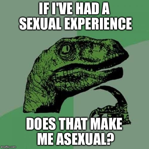 Philosoraptor | IF I'VE HAD A SEXUAL EXPERIENCE; DOES THAT MAKE ME ASEXUAL? | image tagged in memes,philosoraptor | made w/ Imgflip meme maker