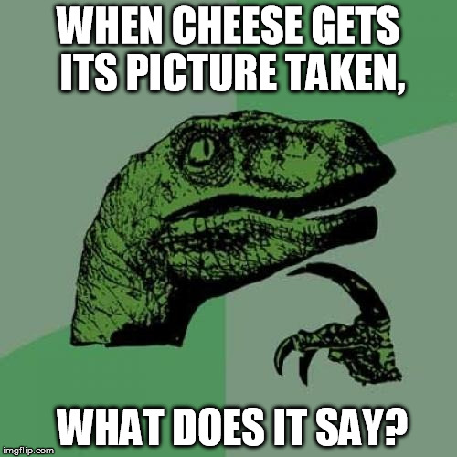 Smile, and Say "People!" | WHEN CHEESE GETS ITS PICTURE TAKEN, WHAT DOES IT SAY? | image tagged in memes,philosoraptor,cheesy humor,cheese | made w/ Imgflip meme maker
