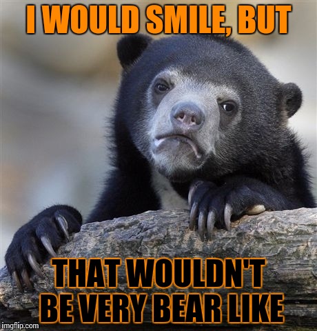 Confession Bear | I WOULD SMILE, BUT; THAT WOULDN'T BE VERY BEAR LIKE | image tagged in memes,confession bear | made w/ Imgflip meme maker