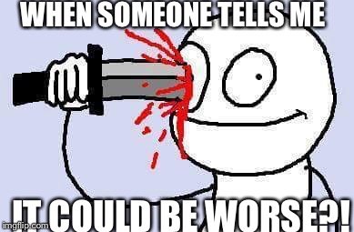 Are ya serious?!?! | WHEN SOMEONE TELLS ME; IT COULD BE WORSE?! | image tagged in meme,funny memes,it is what it is,life is hard,knife,first world problems | made w/ Imgflip meme maker