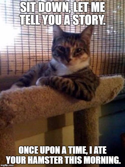 cats | SIT DOWN, LET ME TELL YOU A STORY. ONCE UPON A TIME, I ATE YOUR HAMSTER THIS MORNING. | image tagged in cats | made w/ Imgflip meme maker