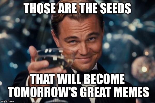 Leonardo Dicaprio Cheers Meme | THOSE ARE THE SEEDS THAT WILL BECOME TOMORROW'S GREAT MEMES | image tagged in memes,leonardo dicaprio cheers | made w/ Imgflip meme maker