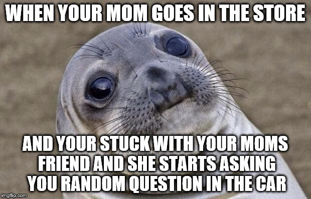 Awkward Moment Sealion | WHEN YOUR MOM GOES IN THE STORE; AND YOUR STUCK WITH YOUR MOMS FRIEND AND SHE STARTS ASKING YOU RANDOM QUESTION IN THE CAR | image tagged in memes,awkward moment sealion | made w/ Imgflip meme maker