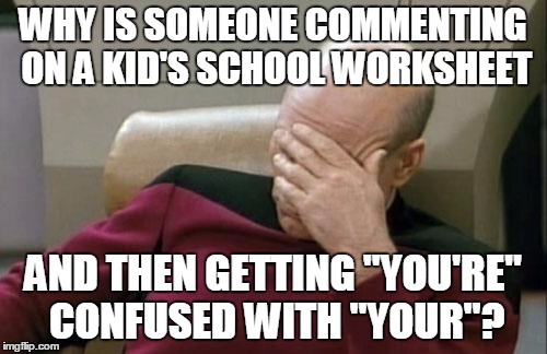 Captain Picard Facepalm Meme | WHY IS SOMEONE COMMENTING ON A KID'S SCHOOL WORKSHEET AND THEN GETTING "YOU'RE" CONFUSED WITH "YOUR"? | image tagged in memes,captain picard facepalm | made w/ Imgflip meme maker