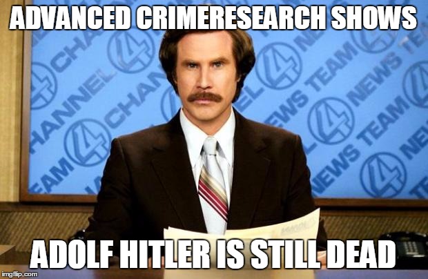 inspired by cyanide and happiness(dont even watch that) | ADVANCED CRIMERESEARCH SHOWS; ADOLF HITLER IS STILL DEAD | image tagged in breaking news,memes | made w/ Imgflip meme maker