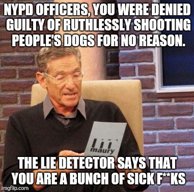 saw this on the news last night, just watching the videos was horrible | NYPD OFFICERS, YOU WERE DENIED GUILTY OF RUTHLESSLY SHOOTING PEOPLE'S DOGS FOR NO REASON. THE LIE DETECTOR SAYS THAT YOU ARE A BUNCH OF SICK F**KS | image tagged in memes,maury lie detector | made w/ Imgflip meme maker