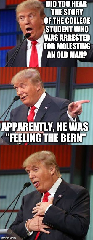 Every time I hear that slogan, I get these images in my mind... | DID YOU HEAR THE STORY OF THE COLLEGE STUDENT WHO WAS ARRESTED FOR MOLESTING AN OLD MAN? APPARENTLY, HE WAS "FEELING THE BERN" | image tagged in bad pun trump,feel the bern,memes,funny | made w/ Imgflip meme maker