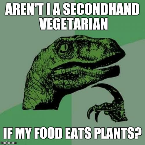 Philosoraptor Meme | AREN'T I A SECONDHAND VEGETARIAN; IF MY FOOD EATS PLANTS? | image tagged in memes,philosoraptor | made w/ Imgflip meme maker