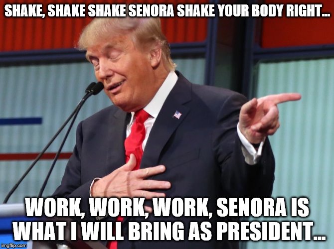 shake senora  | SHAKE, SHAKE SHAKE SENORA SHAKE YOUR BODY RIGHT... WORK, WORK, WORK, SENORA IS WHAT I WILL BRING AS PRESIDENT... | image tagged in trump pointing away | made w/ Imgflip meme maker