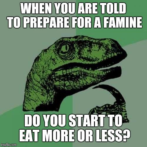 Philosoraptor | WHEN YOU ARE TOLD TO PREPARE FOR A FAMINE; DO YOU START TO EAT MORE OR LESS? | image tagged in memes,philosoraptor,AdviceAnimals | made w/ Imgflip meme maker