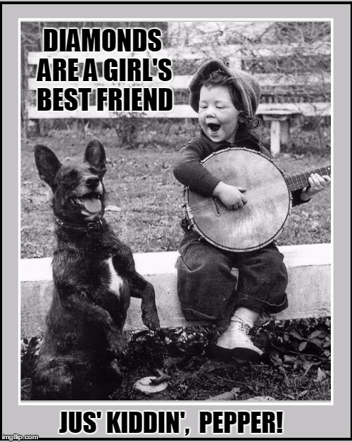 A Girl's Best Friend! | DIAMONDS ARE A GIRL'S BEST FRIEND; JUS' KIDDIN',  PEPPER! | image tagged in girl playing banjo,black dog,vince vance,diamonds are a girl's best friend,cute little girl and dog,pepper the dog | made w/ Imgflip meme maker