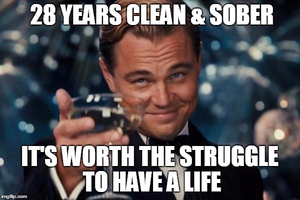 Leonardo Dicaprio Cheers Meme | 28 YEARS CLEAN & SOBER IT'S WORTH THE STRUGGLE TO HAVE A LIFE | image tagged in memes,leonardo dicaprio cheers | made w/ Imgflip meme maker