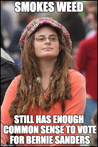 Hippie | SMOKES WEED; STILL HAS ENOUGH COMMON SENSE TO VOTE FOR BERNIE SANDERS | image tagged in hippie | made w/ Imgflip meme maker