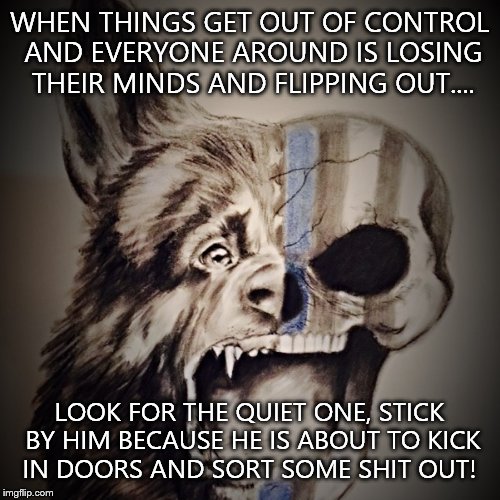Out Monster the Monster  | WHEN THINGS GET OUT OF CONTROL AND EVERYONE AROUND IS LOSING THEIR MINDS AND FLIPPING OUT.... LOOK FOR THE QUIET ONE, STICK BY HIM BECAUSE HE IS ABOUT TO KICK IN DOORS AND SORT SOME SHIT OUT! | image tagged in police | made w/ Imgflip meme maker