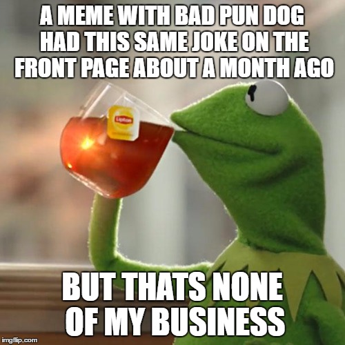 But That's None Of My Business Meme | A MEME WITH BAD PUN DOG HAD THIS SAME JOKE ON THE FRONT PAGE ABOUT A MONTH AGO BUT THATS NONE OF MY BUSINESS | image tagged in memes,but thats none of my business,kermit the frog | made w/ Imgflip meme maker