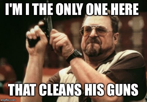 Am I The Only One Around Here Meme | I'M I THE ONLY ONE HERE; THAT CLEANS HIS GUNS | image tagged in memes,am i the only one around here | made w/ Imgflip meme maker