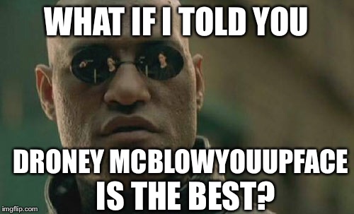 Matrix Morpheus Meme | WHAT IF I TOLD YOU IS THE BEST? DRONEY MCBLOWYOUUPFACE | image tagged in memes,matrix morpheus | made w/ Imgflip meme maker
