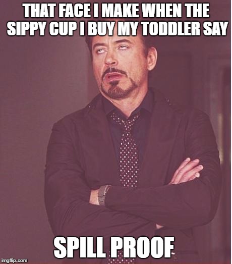 Face You Make Robert Downey Jr | THAT FACE I MAKE WHEN THE SIPPY CUP I BUY MY TODDLER SAY; SPILL PROOF | image tagged in memes,face you make robert downey jr | made w/ Imgflip meme maker