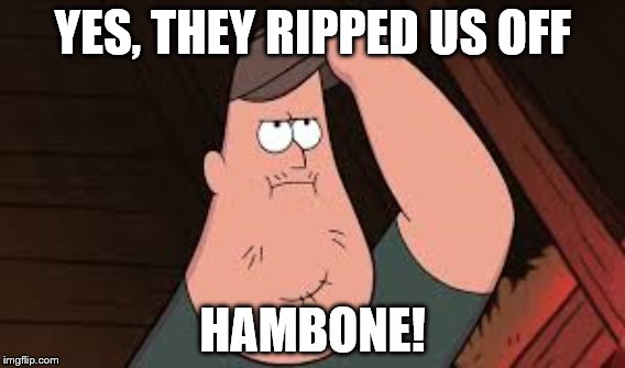 Soos's angry attitude | YES, THEY RIPPED US OFF; HAMBONE! | image tagged in angry soos,gravity falls,soos | made w/ Imgflip meme maker