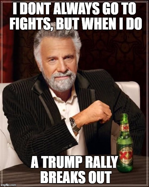 The Most Interesting Man In The World | I DONT ALWAYS GO TO FIGHTS, BUT WHEN I DO; A TRUMP RALLY BREAKS OUT | image tagged in memes,the most interesting man in the world | made w/ Imgflip meme maker
