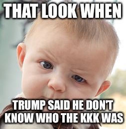 Skeptical Baby Meme | THAT LOOK WHEN; TRUMP SAID HE DON'T KNOW WHO THE KKK WAS | image tagged in memes,skeptical baby | made w/ Imgflip meme maker
