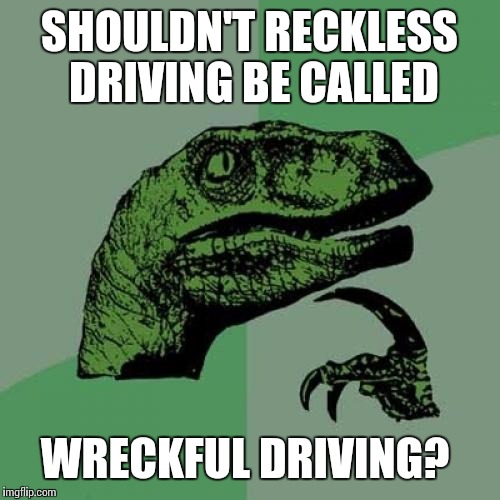 Philosoraptor | SHOULDN'T RECKLESS DRIVING BE CALLED; WRECKFUL DRIVING? | image tagged in memes,philosoraptor | made w/ Imgflip meme maker