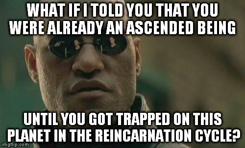 Matrix Morpheus Meme | WHAT IF I TOLD YOU THAT YOU WERE ALREADY AN ASCENDED BEING; UNTIL YOU GOT TRAPPED ON THIS PLANET IN THE REINCARNATION CYCLE? | image tagged in memes,matrix morpheus | made w/ Imgflip meme maker