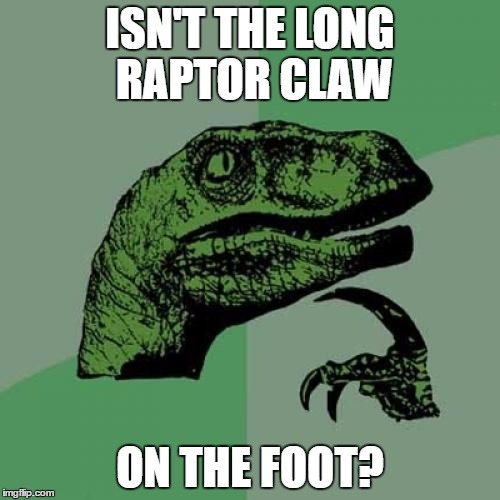 Philosoraptor Meme | ISN'T THE LONG RAPTOR CLAW; ON THE FOOT? | image tagged in memes,philosoraptor | made w/ Imgflip meme maker
