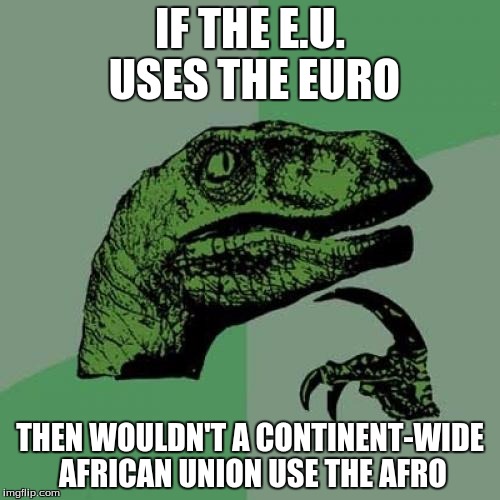 Philosoraptor | IF THE E.U. USES THE EURO; THEN WOULDN'T A CONTINENT-WIDE AFRICAN UNION USE THE AFRO | image tagged in memes,philosoraptor | made w/ Imgflip meme maker