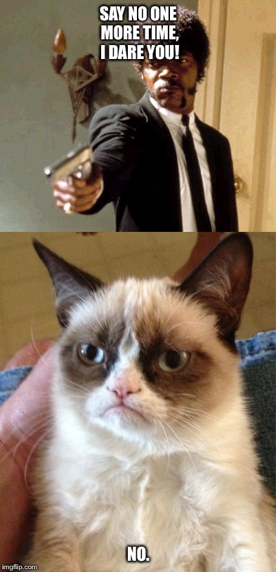 Always no. | SAY NO ONE MORE TIME, I DARE YOU! NO. | image tagged in grumpy cat,funny,memes,pulp fiction,samuel l jackson,say what again | made w/ Imgflip meme maker