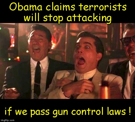 Obama claims terrorists not attack if gun control laws passed ! |  Obama claims terrorists will stop attacking; if we pass gun control laws ! | image tagged in goodfellas laughing,obama,gun control | made w/ Imgflip meme maker
