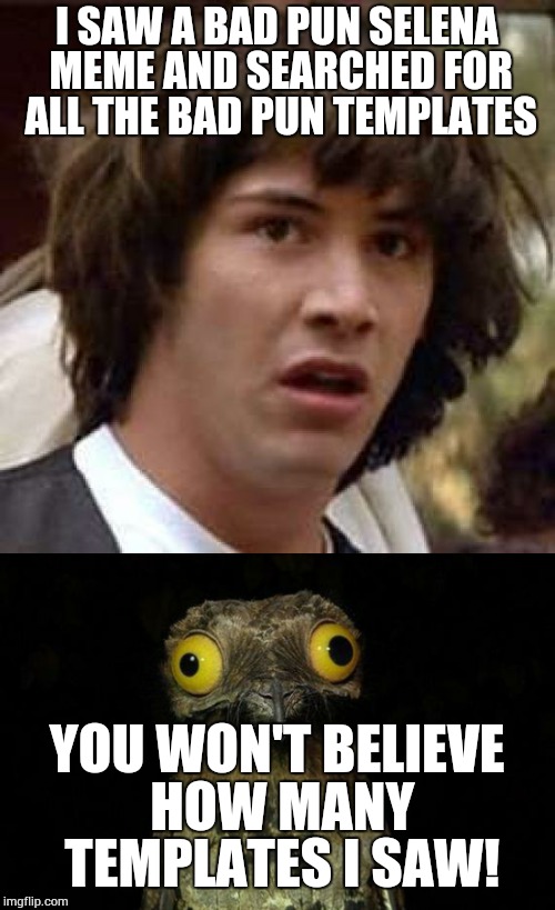 Bad Puns are taking over! | I SAW A BAD PUN SELENA MEME AND SEARCHED FOR ALL THE BAD PUN TEMPLATES; YOU WON'T BELIEVE HOW MANY TEMPLATES I SAW! | image tagged in conspiracy keanu,weird stuff i do pootoo,bad puns | made w/ Imgflip meme maker