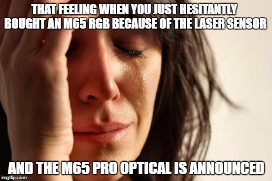 First World Problems Meme | THAT FEELING WHEN YOU JUST HESITANTLY BOUGHT AN M65 RGB BECAUSE OF THE LASER SENSOR; AND THE M65 PRO OPTICAL IS ANNOUNCED | image tagged in memes,first world problems,pcmasterrace | made w/ Imgflip meme maker