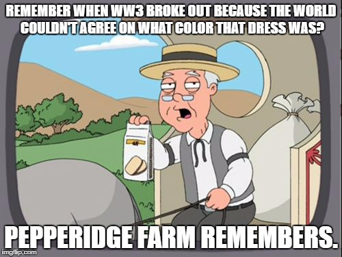 Family Guy Pepper Ridge | REMEMBER WHEN WW3 BROKE OUT BECAUSE THE WORLD COULDN'T AGREE ON WHAT COLOR THAT DRESS WAS? PEPPERIDGE FARM REMEMBERS. | image tagged in family guy pepper ridge | made w/ Imgflip meme maker
