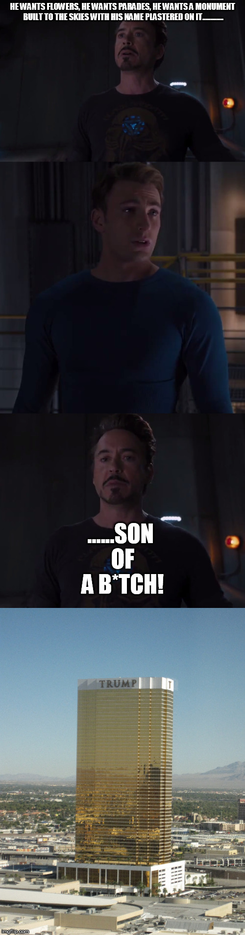 Sudden Clarity Tony Stark | HE WANTS FLOWERS, HE WANTS PARADES, HE WANTS A MONUMENT BUILT TO THE SKIES WITH HIS NAME PLASTERED ON IT............. ......SON OF A B*TCH! | image tagged in donald trump,memes,the avengers | made w/ Imgflip meme maker