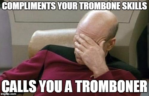 Captain Picard Facepalm | COMPLIMENTS YOUR TROMBONE SKILLS; CALLS YOU A TROMBONER | image tagged in memes,captain picard facepalm | made w/ Imgflip meme maker