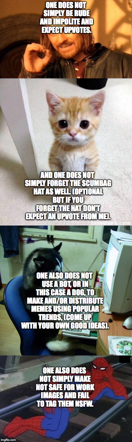 Getting Started Here On Imgflip. | ONE DOES NOT SIMPLY BE RUDE AND IMPOLITE AND EXPECT UPVOTES. AND ONE DOES NOT SIMPLY FORGET THE SCUMBAG HAT AS WELL. (OPTIONAL BUT IF YOU FORGET THE HAT DON'T EXPECT AN UPVOTE FROM ME). ONE ALSO DOES NOT USE A BOT, OR IN THIS CASE A DOG, TO MAKE AND/OR DISTRIBUTE MEMES USING POPULAR TRENDS, (COME UP WITH YOUR OWN GOOD IDEAS). ONE ALSO DOES NOT SIMPLY MAKE NOT SAFE FOR WORK IMAGES AND FAIL TO TAG THEM NSFW. | image tagged in one does not simply,advice,cute,cute cat,i have no idea what i am doing,dog | made w/ Imgflip meme maker