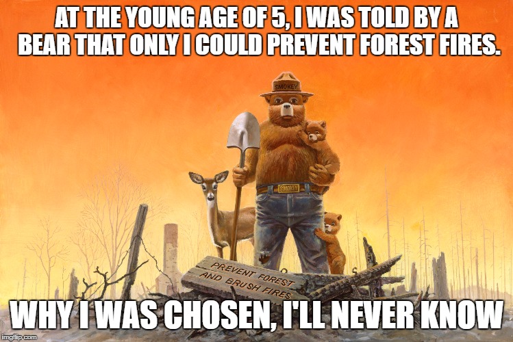 smokey the bear.  | AT THE YOUNG AGE OF 5, I WAS TOLD BY A BEAR THAT ONLY I COULD PREVENT FOREST FIRES. WHY I WAS CHOSEN, I'LL NEVER KNOW | image tagged in smokey the bear,only you | made w/ Imgflip meme maker