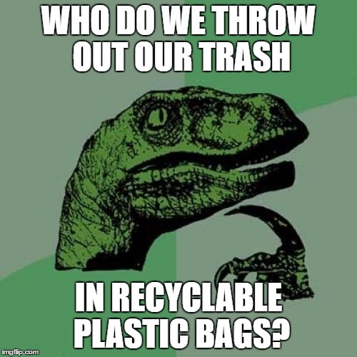 Philosoraptor Meme | WHO DO WE THROW OUT OUR TRASH; IN RECYCLABLE PLASTIC BAGS? | image tagged in memes,philosoraptor | made w/ Imgflip meme maker