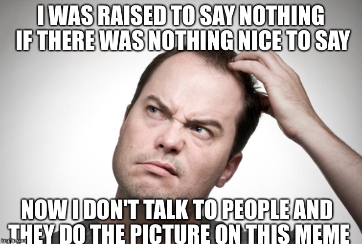 Confused man | I WAS RAISED TO SAY NOTHING IF THERE WAS NOTHING NICE TO SAY; NOW I DON'T TALK TO PEOPLE AND THEY DO THE PICTURE ON THIS MEME | image tagged in confused man | made w/ Imgflip meme maker