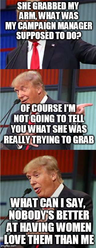 Bad Pun Trump | SHE GRABBED MY ARM, WHAT WAS MY CAMPAIGN MANAGER SUPPOSED TO DO? OF COURSE I'M NOT GOING TO TELL YOU WHAT SHE WAS REALLY TRYING TO GRAB; WHAT CAN I SAY, NOBODY'S BETTER AT HAVING WOMEN LOVE THEM THAN ME | image tagged in bad pun trump | made w/ Imgflip meme maker