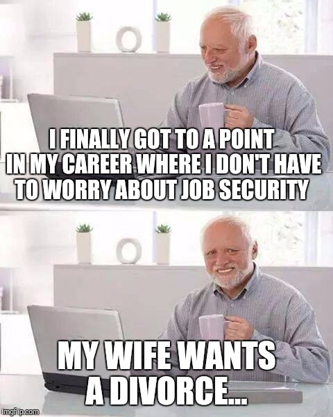 Hide the Pain Harold Meme | I FINALLY GOT TO A POINT IN MY CAREER WHERE I DON'T HAVE TO WORRY ABOUT JOB SECURITY; MY WIFE WANTS A DIVORCE... | image tagged in memes,hide the pain harold | made w/ Imgflip meme maker