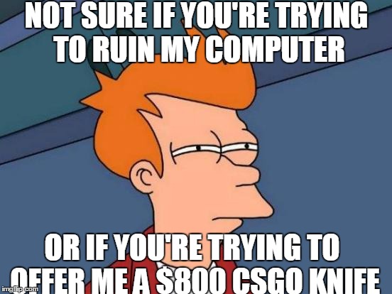 Steam Scammers
 | NOT SURE IF YOU'RE TRYING TO RUIN MY COMPUTER; OR IF YOU'RE TRYING TO OFFER ME A $800 CSGO KNIFE | image tagged in memes,futurama fry | made w/ Imgflip meme maker