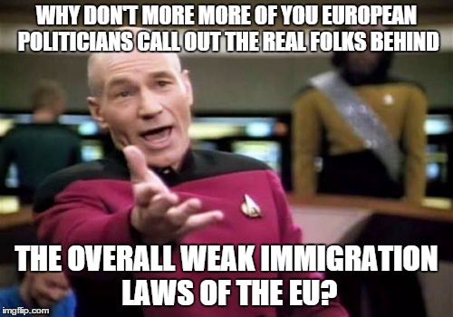 They ought to. | WHY DON'T MORE MORE OF YOU EUROPEAN POLITICIANS CALL OUT THE REAL FOLKS BEHIND; THE OVERALL WEAK IMMIGRATION LAWS OF THE EU? | image tagged in memes,picard wtf | made w/ Imgflip meme maker