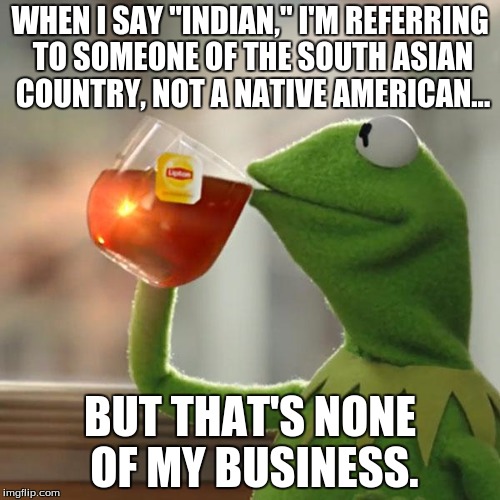 The term "Indian." | WHEN I SAY "INDIAN," I'M REFERRING TO SOMEONE OF THE SOUTH ASIAN COUNTRY, NOT A NATIVE AMERICAN... BUT THAT'S NONE OF MY BUSINESS. | image tagged in funny,memes,but thats none of my business,kermit the frog,indian,political correctness | made w/ Imgflip meme maker