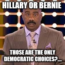 Steve Harvey cross-eyed | HILLARY OR BERNIE; THOSE ARE THE ONLY DEMOCRATIC CHOICES?.... | image tagged in steve harvey cross-eyed | made w/ Imgflip meme maker