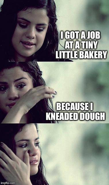 Bad Pun Selena | I GOT A JOB AT A TINY LITTLE BAKERY; BECAUSE I KNEADED DOUGH | image tagged in selena gomez crying,memes | made w/ Imgflip meme maker