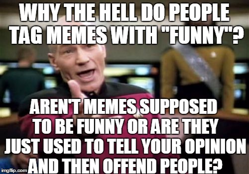 Picard Wtf | WHY THE HELL DO PEOPLE TAG MEMES WITH "FUNNY"? AREN'T MEMES SUPPOSED TO BE FUNNY OR ARE THEY JUST USED TO TELL YOUR OPINION AND THEN OFFEND PEOPLE? | image tagged in memes,picard wtf,tag,opinion,offend,funny | made w/ Imgflip meme maker
