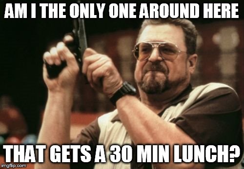 Am I The Only One Around Here Meme | AM I THE ONLY ONE AROUND HERE THAT GETS A 30 MIN LUNCH? | image tagged in memes,am i the only one around here | made w/ Imgflip meme maker