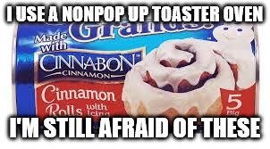 I USE A NONPOP UP TOASTER OVEN I'M STILL AFRAID OF THESE | image tagged in pilsbury cinnamon buns | made w/ Imgflip meme maker